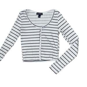 Striped Button Front Long Sleeve Cropped Top